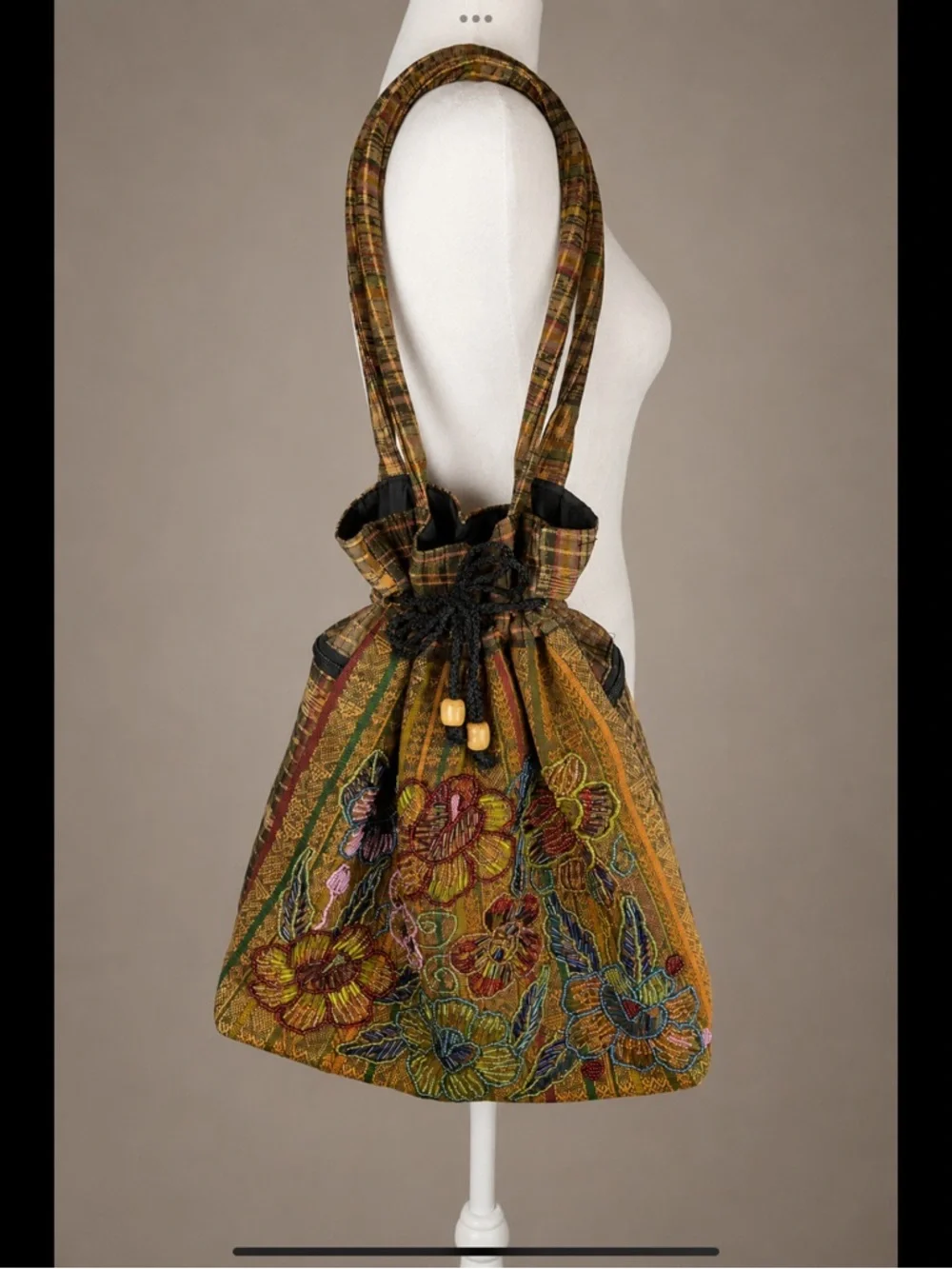 Artisan Beaded Floral Tote Bag Drawstring Purse Boho Embroidered Lined Handbag